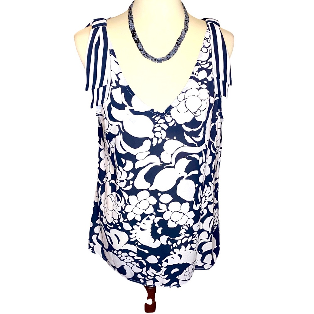 CAbi Navy and White Floral Blouse